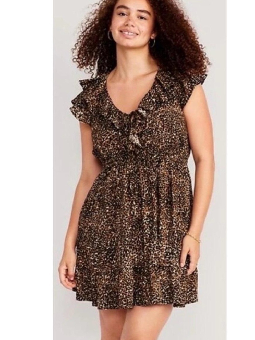Navy Womens Leopard Print Ruffle V-Neck
Mini Dress Brown Black 2X